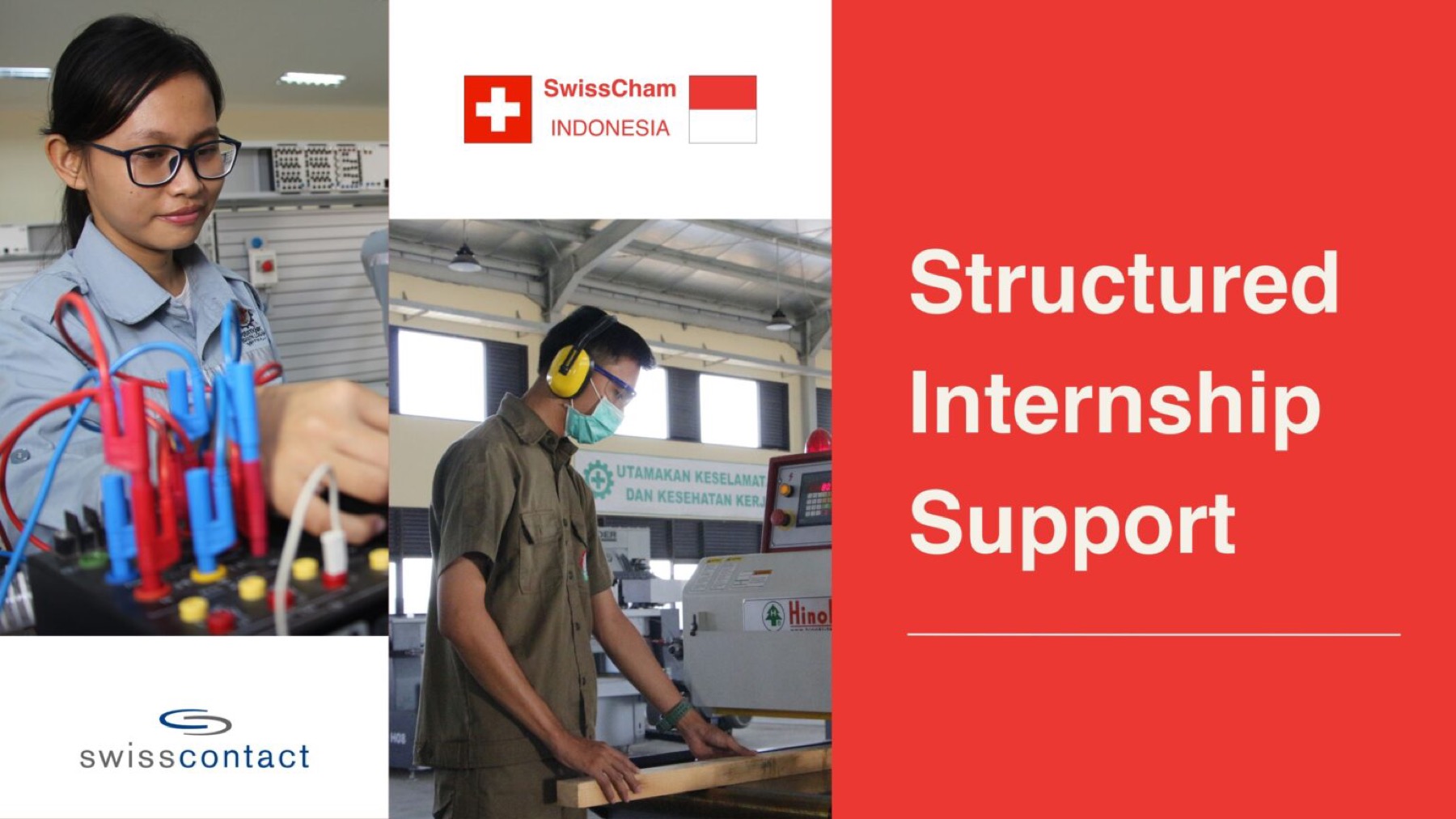 SwissCham Indonesia Structured Internship Support: two trainees at technical work, one on an electronics test bench and one on a woodworking machine, with the Swisscontact partner mark